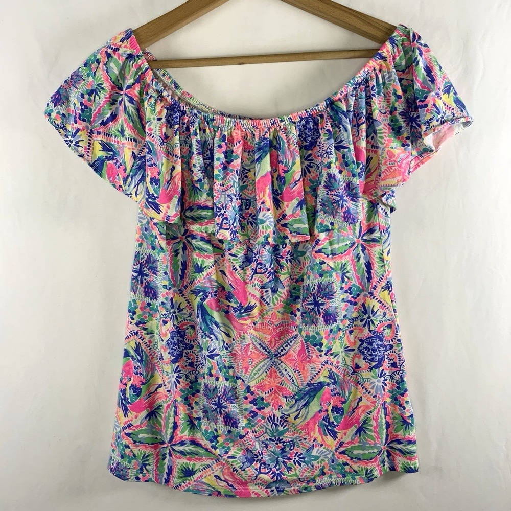 Lilly Pulitzer Womens Off Shoulder Ruffle Top Sz XS Preppy Pima Modal Blend Peru